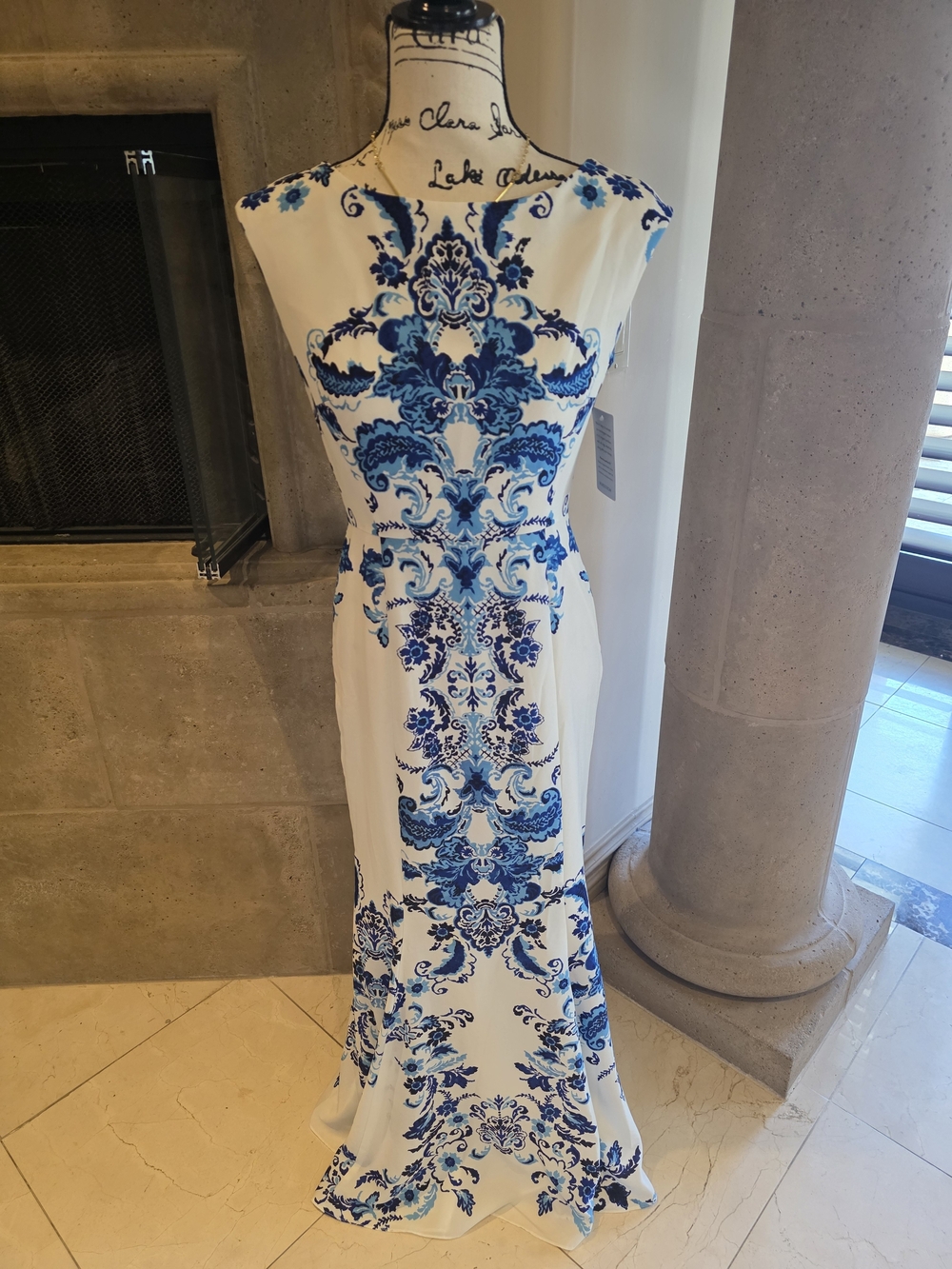 Eliza J White Maxi Dress with Blue Baroque Print